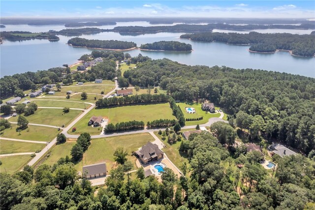 aerial view with a water view and a view of trees