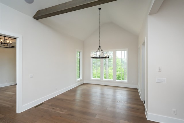 unfurnished dining area with a healthy amount of sunlight, beamed ceiling, and dark hardwood / wood-style flooring