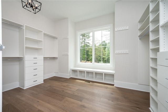 walk in closet featuring dark hardwood / wood-style floors and a chandelier