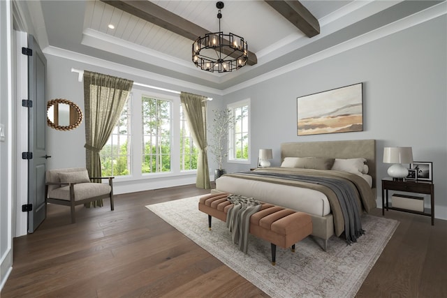 bedroom featuring beam ceiling, dark wood-type flooring, a chandelier, and a raised ceiling