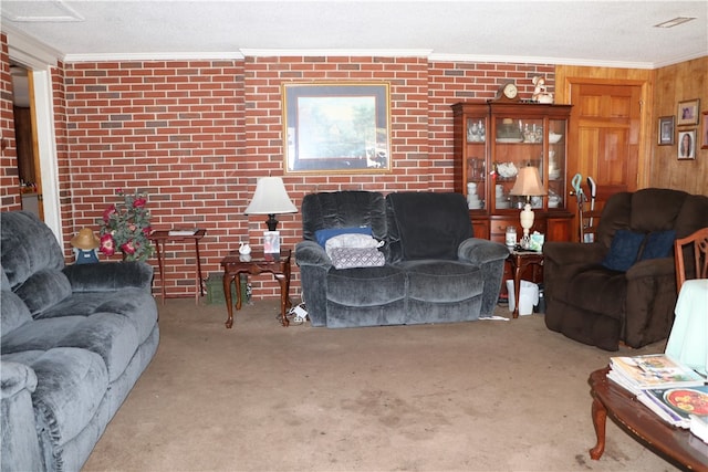 living room featuring brick wall, light colored carpet, and crown molding