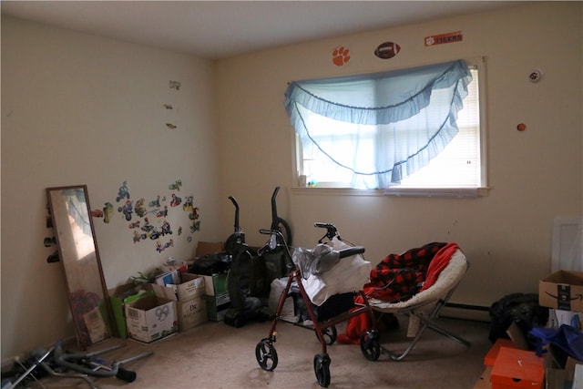 miscellaneous room featuring a baseboard heating unit and carpet floors