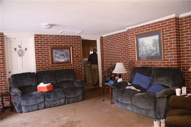 carpeted living room with a textured ceiling, crown molding, and brick wall