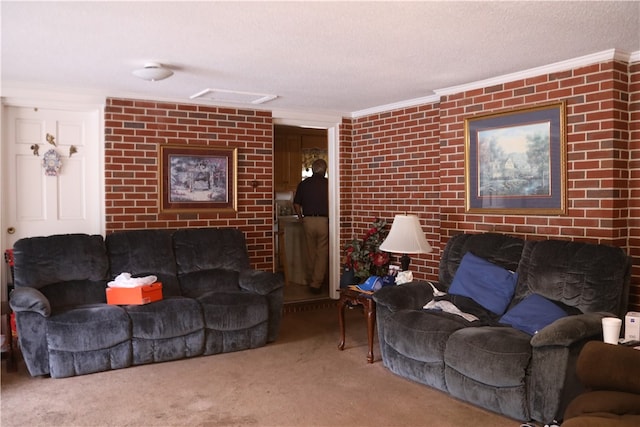 carpeted living room featuring a textured ceiling, brick wall, and crown molding