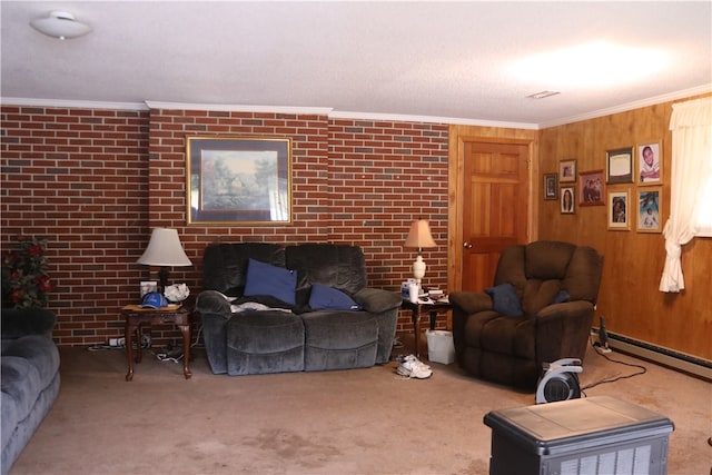 carpeted living room with ornamental molding, wood walls, a baseboard radiator, and brick wall