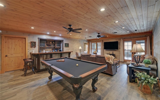 game room with pool table, wood-type flooring, wood ceiling, and ceiling fan