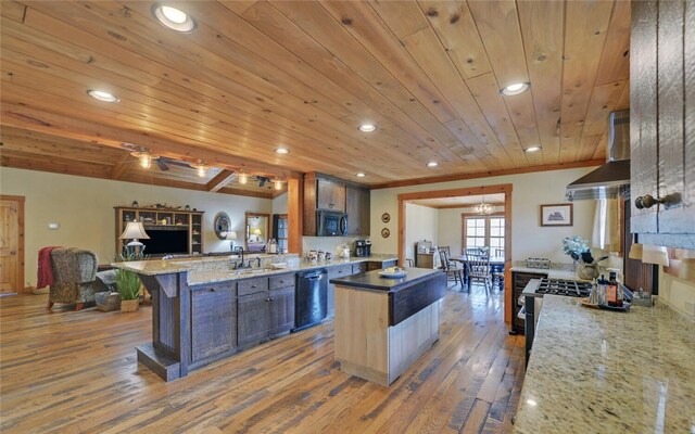 kitchen featuring wood ceiling, stainless steel appliances, a center island, range hood, and dark hardwood / wood-style floors