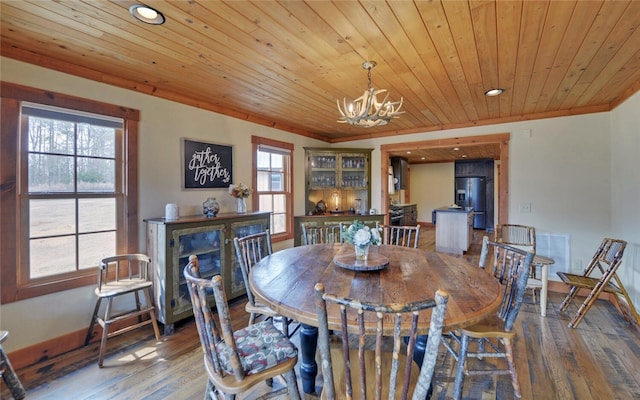 dining room with wood ceiling, hardwood / wood-style floors, and a healthy amount of sunlight