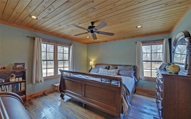 bedroom featuring wood-type flooring, ceiling fan, and wooden ceiling