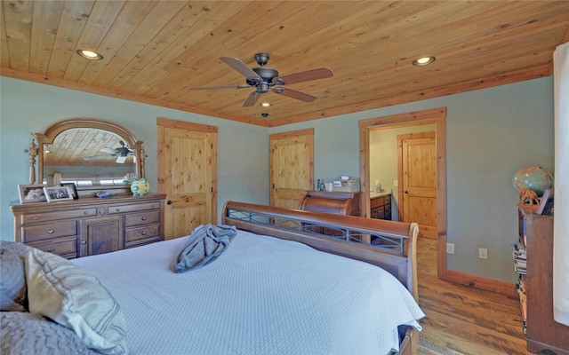 bedroom with light wood-type flooring, ceiling fan, and wooden ceiling