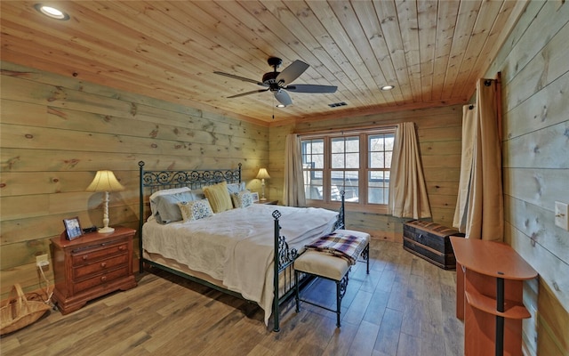 bedroom featuring ceiling fan, wood ceiling, wood walls, and hardwood / wood-style floors