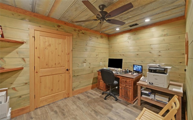 office with light hardwood / wood-style flooring, wooden walls, and ceiling fan