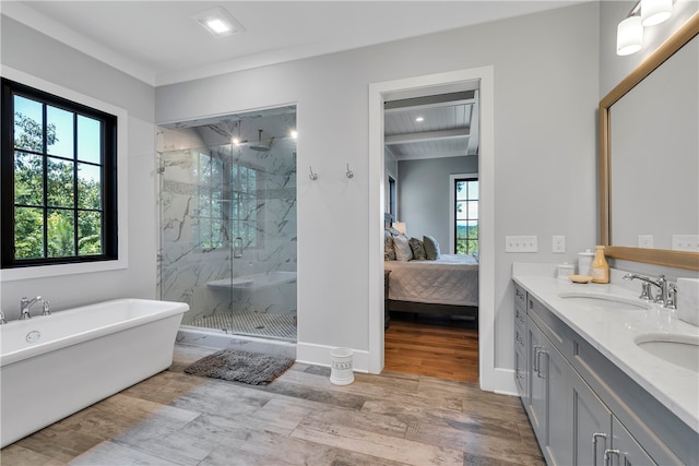 bathroom featuring independent shower and bath, vanity, and hardwood / wood-style floors