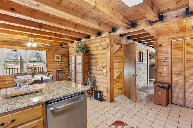 728 Tall Oak Trl, Seneca, SC 29678 - kitchen featuring light stone counters, dishwasher, wood ceiling, and beam ceiling