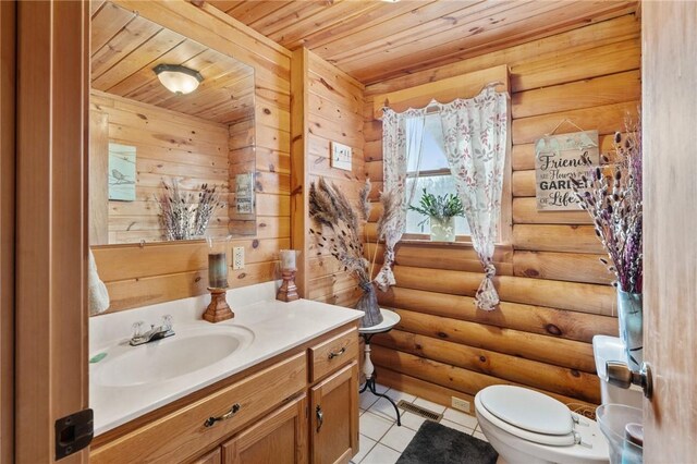 728 Tall Oak Trl, Seneca, SC 29678 - bathroom with vanity, wood ceiling, toilet, log walls, and tile patterned flooring