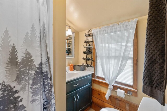 728 Tall Oak Trl, Seneca, SC 29678 - bathroom with lofted ceiling, vanity, and toilet