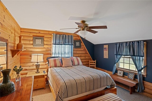 728 Tall Oak Trl, Seneca, SC 29678 - bedroom with ceiling fan, vaulted ceiling, and log walls