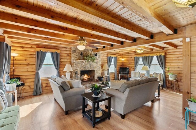 728 Tall Oak Trl, Seneca, SC 29678 - living room with light hardwood / wood-style floors, plenty of natural light, beam ceiling, and wooden ceiling