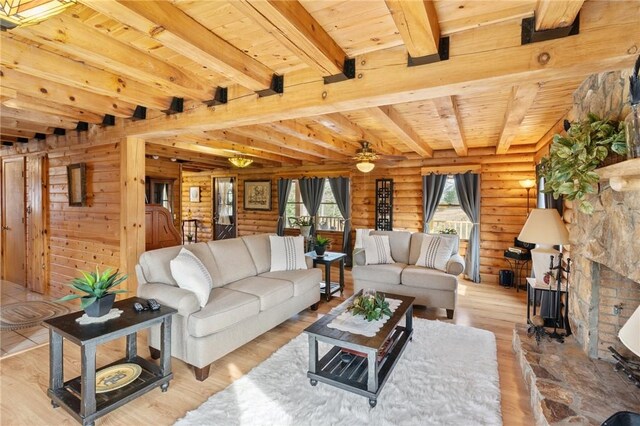 728 Tall Oak Trl, Seneca, SC 29678 - living room featuring wood ceiling, beam ceiling, light hardwood / wood-style floors, and ceiling fan