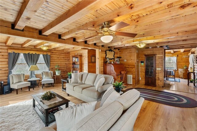 728 Tall Oak Trl, Seneca, SC 29678 - living room featuring wood ceiling, light wood-type flooring, ceiling fan, and beamed ceiling
