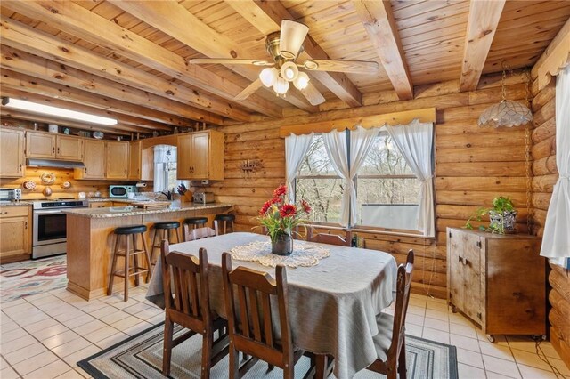 728 Tall Oak Trl, Seneca, SC 29678 - tiled dining space featuring ceiling fan, beamed ceiling, wood ceiling, and log walls