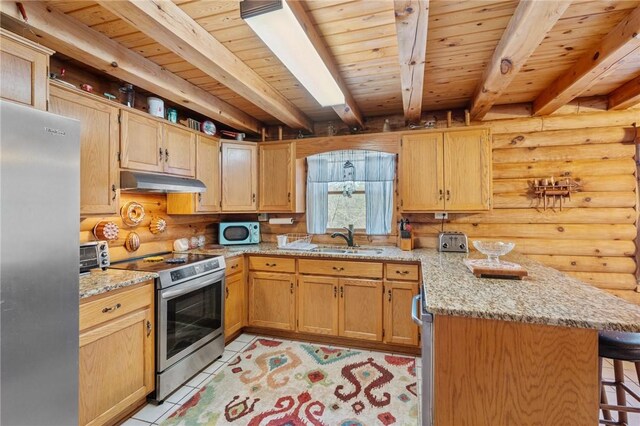 728 Tall Oak Trl, Seneca, SC 29678 - kitchen with wood ceiling, light stone countertops, stainless steel appliances, a kitchen bar, and sink