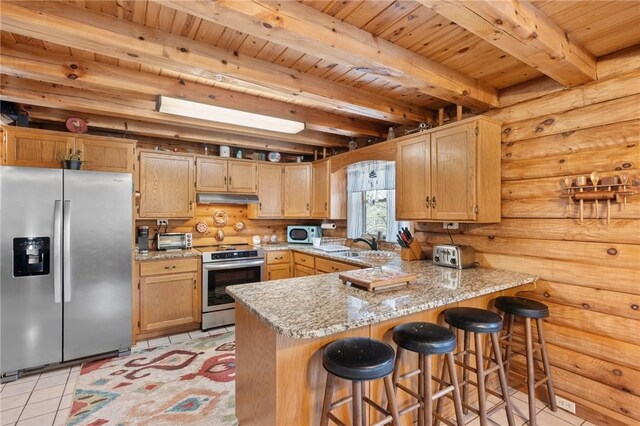 728 Tall Oak Trl, Seneca, SC 29678 - kitchen featuring wood ceiling, kitchen peninsula, light stone countertops, beamed ceiling, and stainless steel appliances