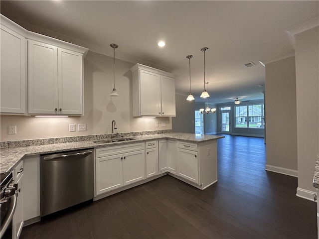 kitchen with sink, kitchen peninsula, hanging light fixtures, stainless steel dishwasher, and dark hardwood / wood-style flooring