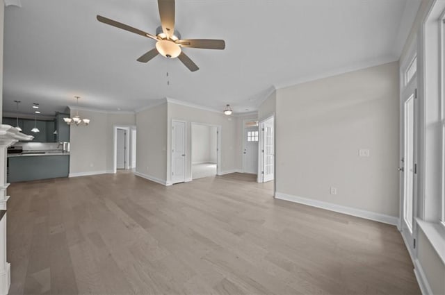 170 Preston Ridge Dr, Seneca, SC 29672 - unfurnished living room with ornamental molding, light wood-type flooring, and ceiling fan with notable chandelier