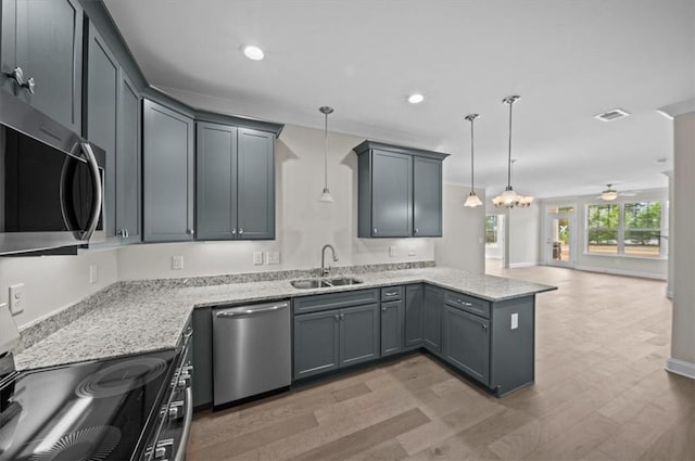 170 Preston Ridge Dr, Seneca, SC 29672 - kitchen featuring open floor plan, a sink, visible vents, a peninsula, and appliances with stainless steel finishes