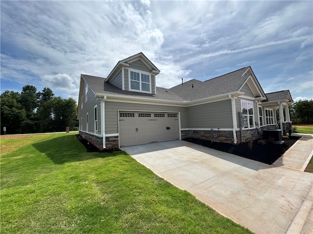 view of property exterior featuring a garage and a yard