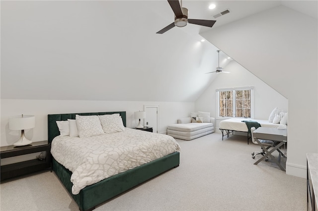 carpeted bedroom featuring ceiling fan and lofted ceiling