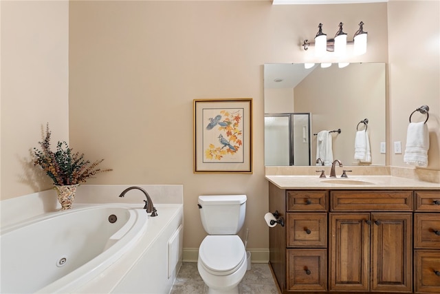 full bathroom with independent shower and bath, tile patterned flooring, vanity, and toilet