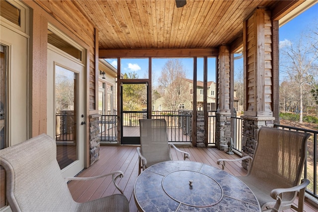 sunroom / solarium featuring wood ceiling