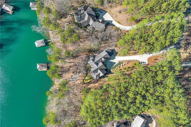 drone / aerial view featuring a water view