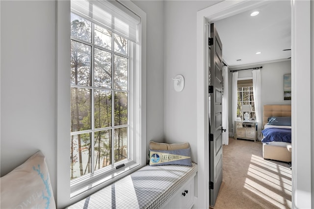 bedroom featuring crown molding and carpet flooring