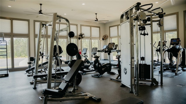 workout area featuring ceiling fan