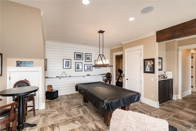 game room featuring baseboards, billiards, and recessed lighting