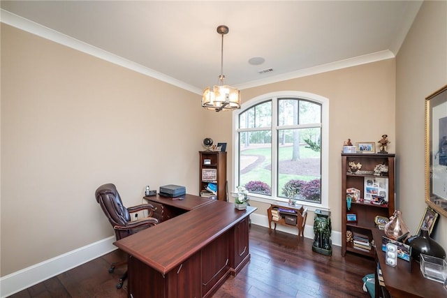 office with dark wood-style floors, baseboards, a chandelier, and ornamental molding