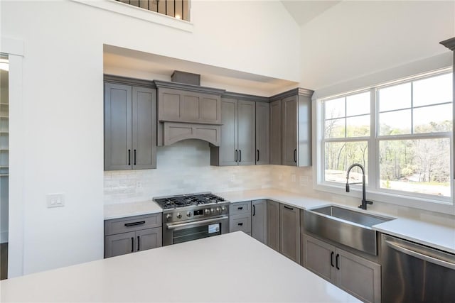 1230 Melton Rd Unit 211, West Union, SC 29696 - kitchen with stainless steel appliances, light countertops, backsplash, a sink, and gray cabinetry