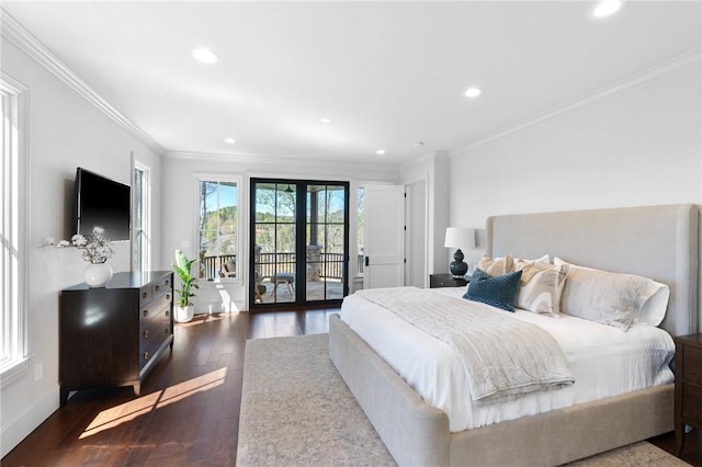 bedroom featuring access to outside, crown molding, dark hardwood / wood-style flooring, and french doors