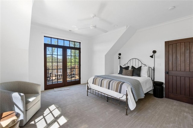 carpeted bedroom with access to outside, ceiling fan, french doors, and ornamental molding