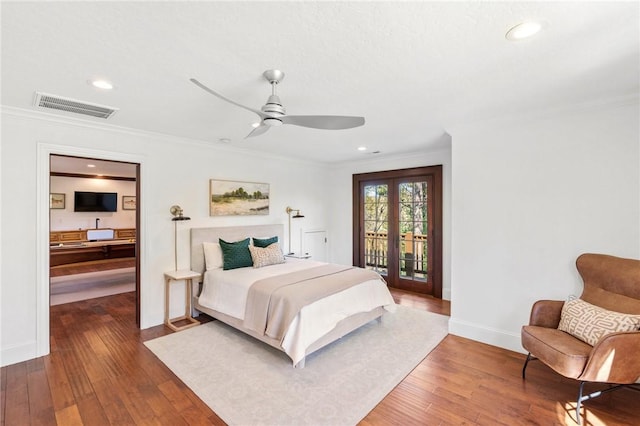 bedroom with access to exterior, ceiling fan, hardwood / wood-style floors, and ornamental molding