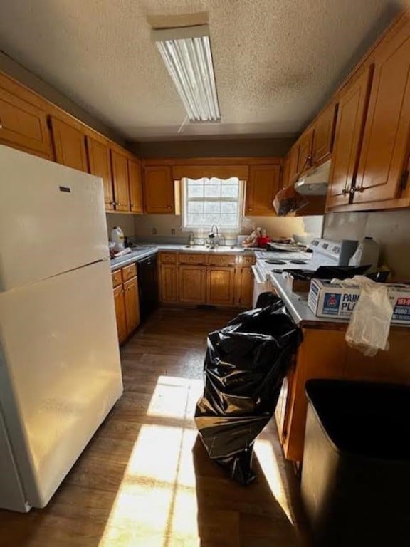 kitchen with a textured ceiling, white appliances, hardwood / wood-style floors, and sink