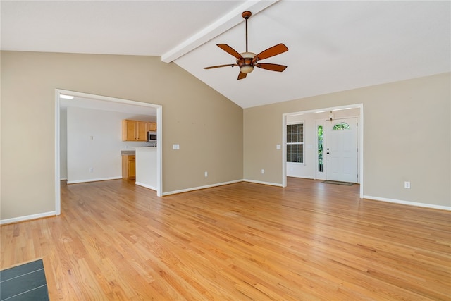 unfurnished living room with light hardwood / wood-style flooring, lofted ceiling with beams, and ceiling fan