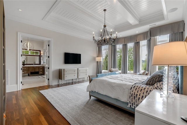 bedroom featuring beamed ceiling, dark wood-type flooring, wooden ceiling, ensuite bath, and an inviting chandelier