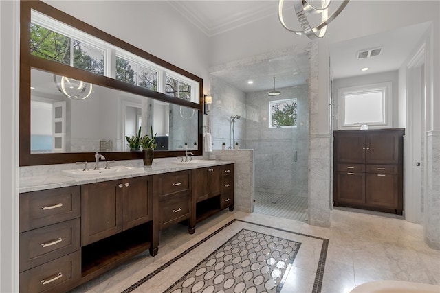 bathroom featuring vanity, a shower with shower door, and plenty of natural light