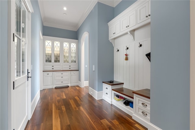 mudroom featuring dark wood-type flooring and ornamental molding