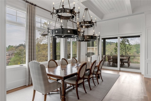 dining area with beam ceiling, a healthy amount of sunlight, wood-type flooring, and a chandelier