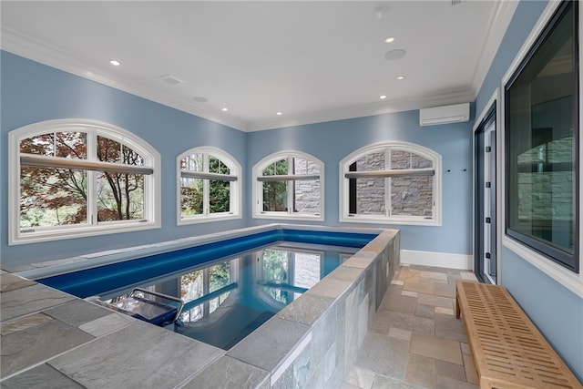 view of pool featuring a wall mounted air conditioner and an indoor in ground hot tub